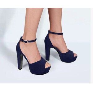 DIFU Women's Platform Chunky High Heels  Peep Toe Ankle Strap blue sz 9.5